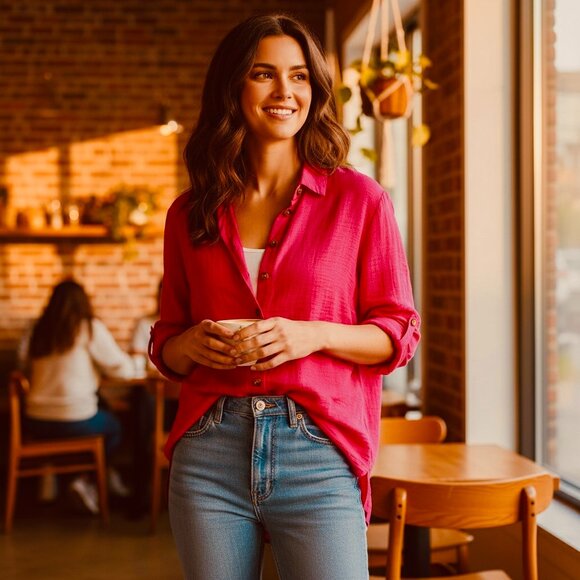 neon buddha Tops - Neon Buddha Stepping Out Button Up Tunic Top L Pink #69C